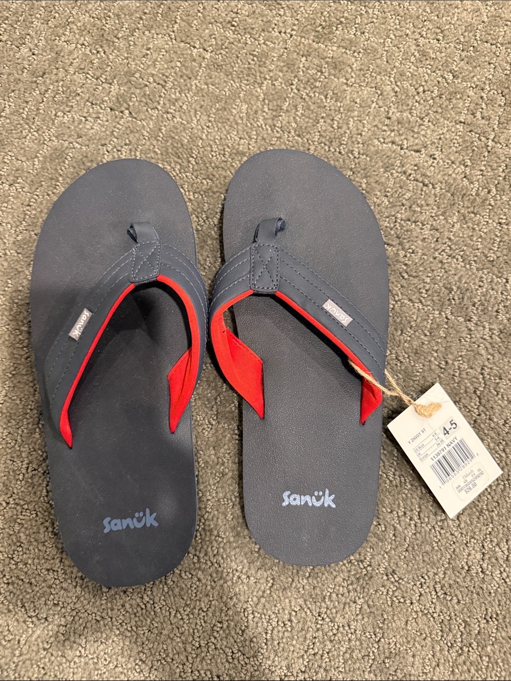 Sanuk Navy Flip Flop Sandals with Red Accents